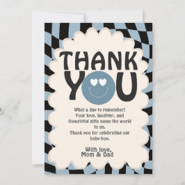 Oh Boy! Modern Groovy Blue Happy Face Baby Shower サンキューカード