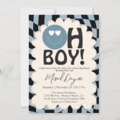 Oh Boy! Modern Groovy Blue Happy Face Baby Shower 招待状 (正面)