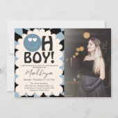 Oh Boy! Modern Groovy Blue Happy Face Baby Shower 招待状 (正面)