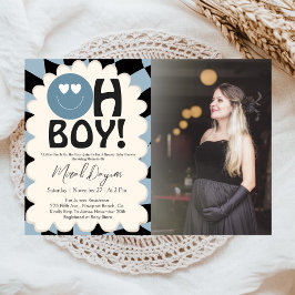 Oh Boy! Modern Groovy Blue Happy Face Baby Shower 招待状