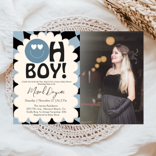 Oh Boy! Modern Groovy Blue Happy Face Baby Shower 招待状