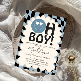Oh Boy! Modern Groovy Blue Happy Face Baby Shower 招待状
