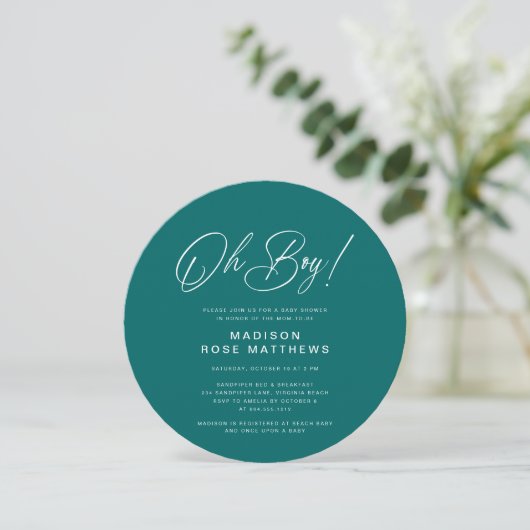 Oh Boy Modern Round  Script Teal  Baby Shower   招待状 (スタンド正面)