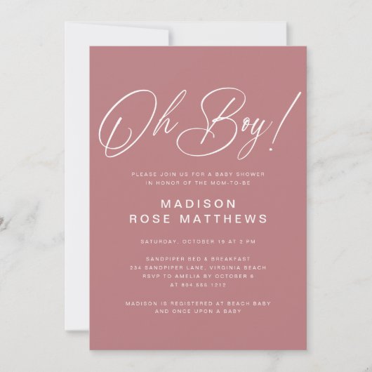 Oh Boy Modern Script Dusty Rose Baby Shower  招待状 (正面)
