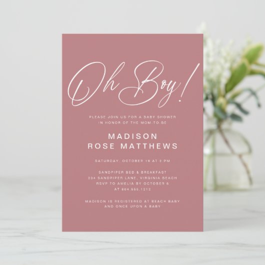 Oh Boy Modern Script Dusty Rose Baby Shower  招待状 (スタンド正面)