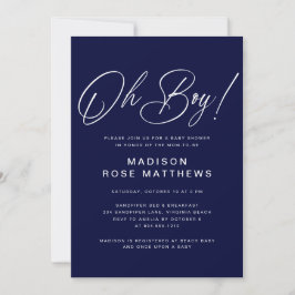 Oh Boy Modern Script Navy Blue Baby Shower 招待状