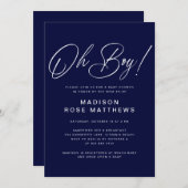 Oh Boy Modern Script Navy Blue  Baby Shower  招待状 (正面/裏面)