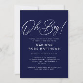 Oh Boy Modern Script Navy Blue  Baby Shower  招待状 (正面)