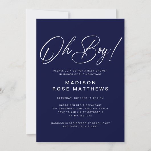 Oh Boy Modern Script Navy Blue  Baby Shower  招待状 (正面)
