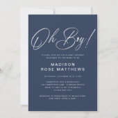 Oh Boy Modern Script Navy Blue  Baby Shower   招待状 (正面)