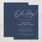 Oh Boy Modern Script Navy Blue  Baby Shower   招待状 (正面/裏面)