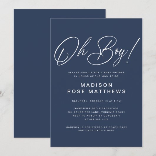 Oh Boy Modern Script Navy Blue Baby Shower 招待状 (正面/裏面)