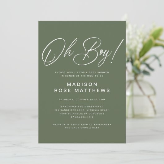 Oh Boy Modern Script Sage Olive Baby Shower 招待状 (スタンド正面)