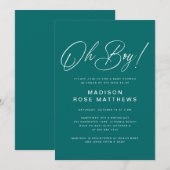 Oh Boy Modern Script Teal  Baby Shower   招待状 (正面/裏面)