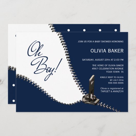 Oh Boy Navy Blueとシルバージッパー赤ちゃんシャワー 招待状 (正面/裏面)