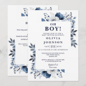 Oh Boy Navy Blueフローラオールインワンベビーシャワー 招待状 (正面/裏面)