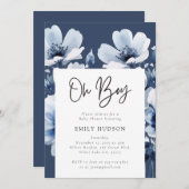 Oh Boy Navy Blueフローラ赤ちゃんシャワー 招待状 (正面/裏面)