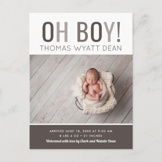 Oh Boy Photo Birth Announcement 案内ポストカード (正面)