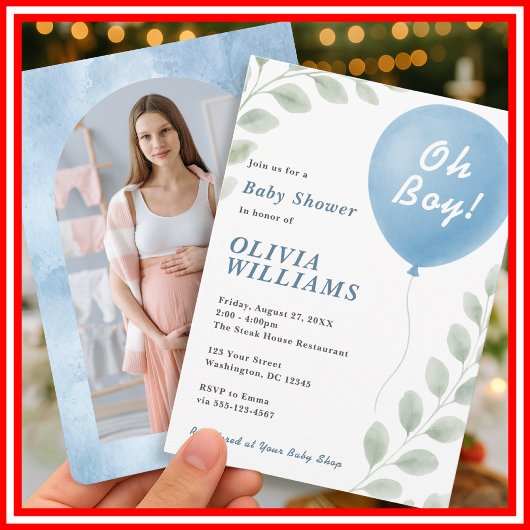 Oh Boy PHOTO Eucalyptus Blue Balloon Baby Shower  招待状