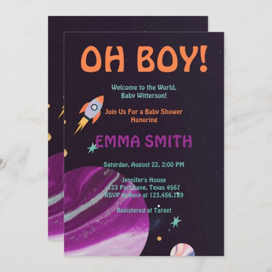 Oh Boy Planets Outer Spaceベビーシャワー招待状 招待状 (正面/裏面)