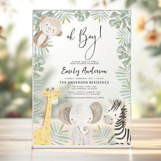 Oh Boy Safari Animal Boy's Baby Shower アクリル招待状