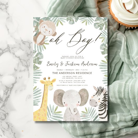 Oh Boy Safari Animal Boy's Baby Shower 招待状