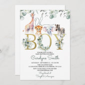 Oh Boy Safari Animals緑のベビーシャワー 招待状 (正面/裏面)