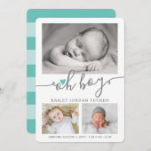 Oh Boy Scriptライトティール（緑がかった色）ハートコラージュ写真誕生 案内状 (正面/裏面)