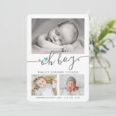 Oh Boy Scriptライトティール（緑がかった色）ハートコラージュ写真誕生 案内状 (スタンド正面)