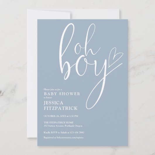 Oh Boy Script Heart Dusty Blue Boy Baby Shower 招待状 (正面)