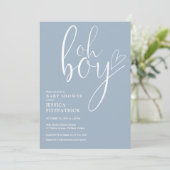 Oh Boy Script Heart Dusty Blue Boy Baby Shower 招待状 (スタンド正面)