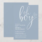 Oh Boy Script Heart Dusty Blue Boy Baby Shower 招待状 (正面/裏面)