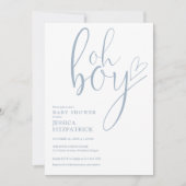 Oh Boy Script Heart Dusty Blue Boy Baby Shower 招待状 (正面)