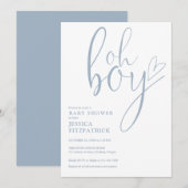 Oh Boy Script Heart Dusty Blue Boy Baby Shower 招待状 (正面/裏面)