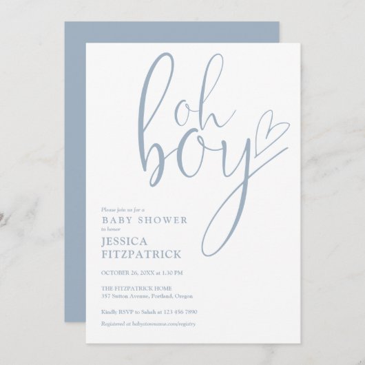 Oh Boy Script Heart Dusty Blue Boy Baby Shower 招待状 (正面/裏面)