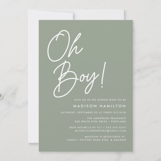 Oh Boy Script Sage Green Minimalist Baby Shower 招待状 (正面)