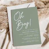 Oh Boy Script Sage Green Minimalist Baby Shower 招待状