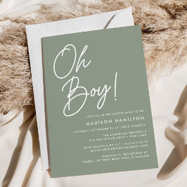 Oh Boy Script Sage Green Minimalist Baby Shower 招待状