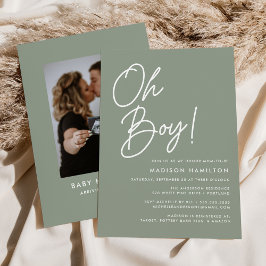 Oh Boy Script Sage Green Photo Baby Shower 招待状