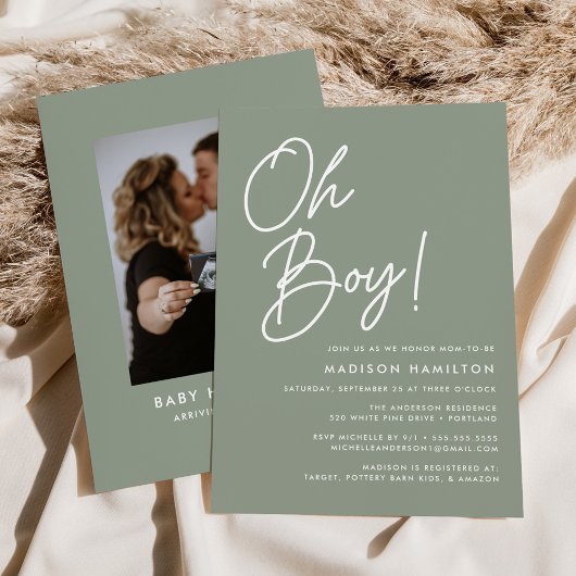 Oh Boy Script Sage Green Photo Baby Shower 招待状