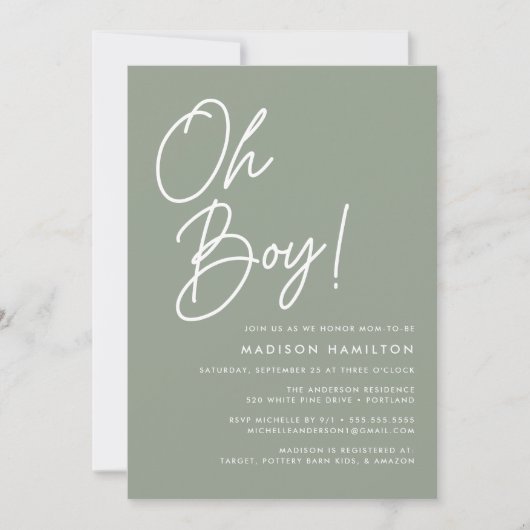 Oh Boy Script Sage Green Photo Baby Shower 招待状 (正面)
