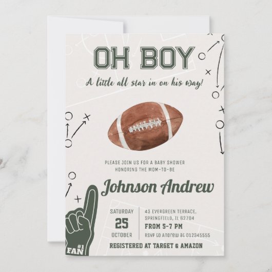 Oh Boy Sports Football Baby Shower 招待状 (正面)