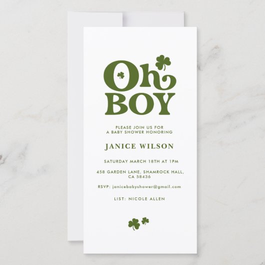 Oh Boy St. Patrick's Day Baby Shower Digital Evite 案内状 (正面)