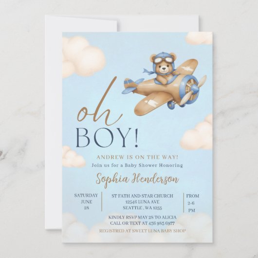 Oh Boy, Teddy Bear Baby shower boy 招待状 (正面)