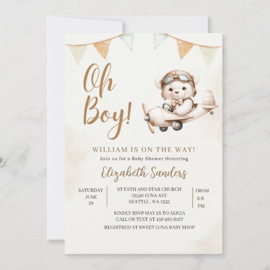 Oh Boy,  Teddy Bear Baby shower boy 招待状 (正面)