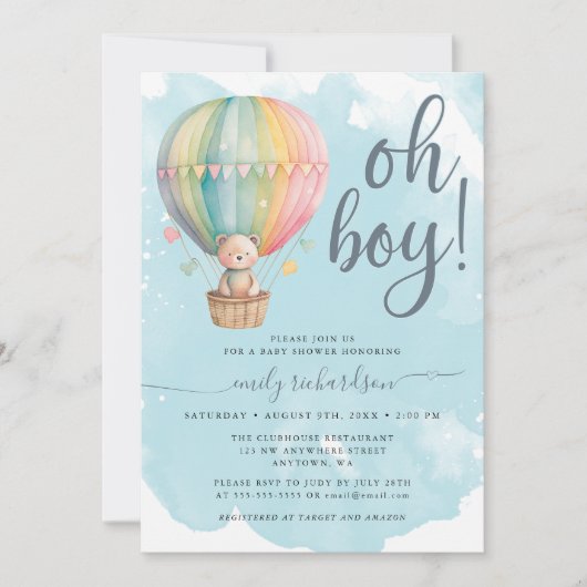 Oh Boy Teddy Bear Blue Hot Air Balloon Baby Shower 招待状 (正面)