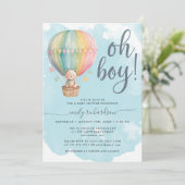 Oh Boy Teddy Bear Blue Hot Air Balloon Baby Shower 招待状 (スタンド正面)
