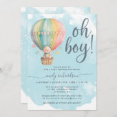 Oh Boy Teddy Bear Blue Hot Air Balloon Baby Shower 招待状 (正面/裏面)