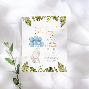 Oh Boy Water Color Elephant & 葉Baby Shower ポストカード