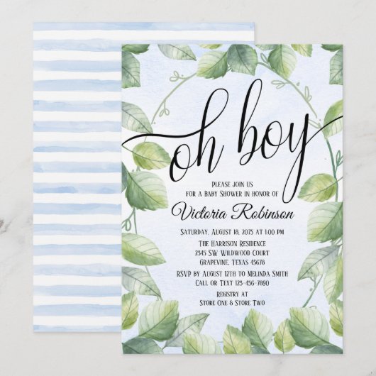 Oh Boy Water Color Greenery Boy Baby Shower 招待状 (正面/裏面)